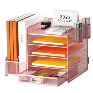 Restorgan Organisateur de bureau avec porte-documents et porte-stylos, organiseur de papier &agrave; 5 niveaux avec tiroir, organiseur de dossiers en maille avec porte-revues (rose) (KUSUSTORSUP, neuf)