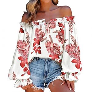 Chemisiers et Blouses Femme À Manches Courtes Sexy col Bateau Blouses Top Femme Imprimé éPaules DéNudéEs Femmes Chic Sexy Épaules Dénudées Hauts Blouses Bohème Camisole Tunique (usitable, neuf)