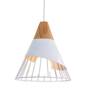 Moderne vintage Suspension Luminaire ,bois Plafonnier industriel Métal Blanc Lampes Suspendues abat-jour Forme de Cône Fer Cage éclairage pour salle à manger cuisine,couloir,Ampoule E27 non incluse (Chao Zan Maoyi, neuf)