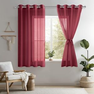 DWCN Lot de 2 Rideaux Voilages à Oeillets pour Fenêtre, Rideau Transparents avec Embrasses pour Salon Chambre d'enfant, Rouge Bordeaux, 140x145cm (Largeur x Hauteur) (DWCN EU, neuf)