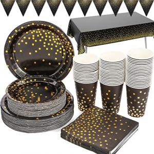 Duocute Vaisselle de Anniversaire Noire Or 99pcs Vaisselle de Fete Set Assiette en Papier Serviette Tasse Nappe Banner pour Anniversaire, Remise de Dipl&ocirc;me, F&ecirc;te du Nouvel An, Cocktail-24 Invit&eacute;s (DuocuteParty FR, neuf)