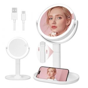 TAVADA Miroir Grossissant Lumineux X10,Miroir Grossissant sur Pied 8",miroirs Maquillage Lumineux sur Pied Double Face 3 Couleurs 64 LED,Rechargeable Rotation 360&deg; Amovible,id&eacute;al pour la Chambre (HADALA YYDS Kft., neuf)