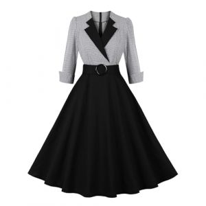 Foweknow Robe de Cocktail Femme Style Rockabilly &agrave; Carreaux Robe de F&ecirc;te Femme Ann&eacute;es 50 Vintage Robe de Soir&eacute;e &Eacute;l&eacute;gante Robe de Bal avec Encolure en V Manches 3/4 Robe A-Ligne Robe Tournure Petticoat (ROTPMS, neuf)