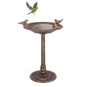 GOPLUS Mangeoire Oiseaux Ext&eacute;rieur, Plateau &phi;50CM, Abreuvoir Oiseaux Hauteur 72CM, Bain d'oiseaux en PP sur Pied, Base Remplissable, Design Antique, Bronze (Augenstern24, neuf)