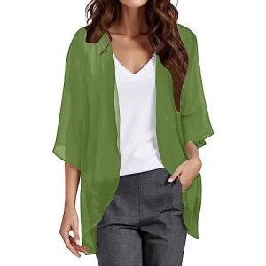 Cardigan Mousseline Boléro Femme Court Soie Gilet Été Chic et Elegant 3/4 à Manches Évasées Boléro Veste Léger Plage Châle pour Robe T Shirt Décontracté Soirée Cérémonie Cardigan Manches Longues (UoUa1245, neuf)