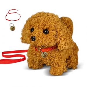 KUWUNG Chien Interactif, Chien Jouet Enfant avec Laisse et Cloches,Chien Qui Marche et aboie,Peluche Jouet interactif Chien,Jouet Chien Qui Marche pour 2 3 4 5 6 7 8 Ans Filles Garçons Cadeau (Teddy) (KUWUNG, neuf)