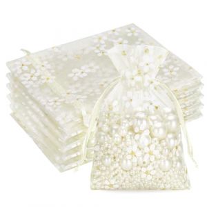 G2PLUS Sachet Organza Beige aux Marguerites: Pochette Organza 10x12 cm, 30 Pi&egrave;ces Sac &agrave; Bijoux Id&eacute;aux pour les Drag&eacute;es, Mariages, Bapt&ecirc;me et Anniversaires (BIGGER, neuf)