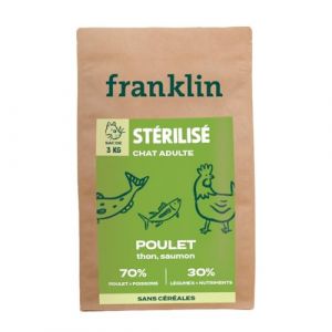 Franklin Carnivore – Croquettes Chat Stérilisé – 3kg – sans Céréales – 70% de Viande et de Poisson – Contrôle du Poids – Taille 9mm– Poulet, Thon, Saumon (Franklin Pet Food, neuf)