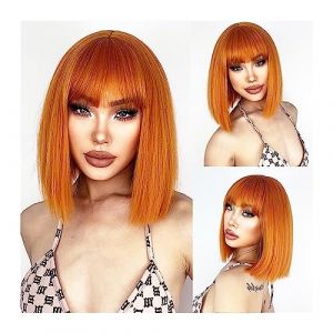 perruque synthétique Perruque orange courte droite avec frange perruque en fibres synthétiques afro-américaine femme blanche cosplay/fête/perruque quotidienne Anime perruque (hongbanshop, neuf)