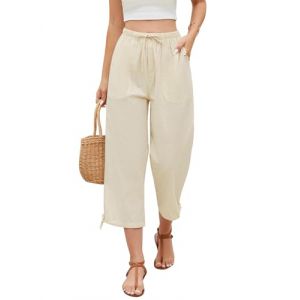 Niwicee Pantalons Femme Pantacourt Cargo d'été 3/4 Long Pantalon avec Poches Coton et Lin Palazzo Pantalon Décontracté avec Cordon Pantalon Fluide Femme (Beige, S) (Veayada, neuf)