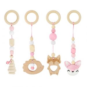 Arche Portique Deveil Eveil Bebe Bois 4 Pièces Arche de Jeux Bébé Jouet a Suspendre Bebe Arches de Jeu pour Jouet Poussette Nouveau Né en Bois pour Siège de Bébé Landau (Rose) (BINYI, neuf)