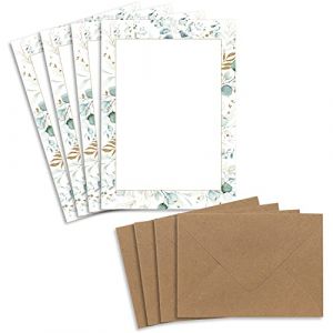 Lot de 25 feuilles de papier &agrave; lettre naturel A5 cr&egrave;me avec cadre et motif branches d'eucalyptus et enveloppes C6 marron sable Feuille imprimable pour invitations de mariage (Gl&uuml;xx-Agent GmbH, neuf)
