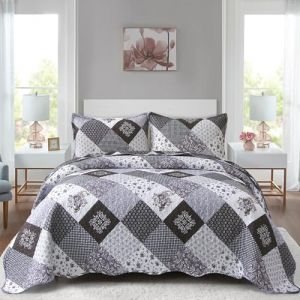 WONGS BEDDING Dessus de lit de 220 x 240 cm, carrés de patchwork matelassés à motif floral, en microfibre, avec 2 taies d'oreiller de 48 x 75 cm, noir et gris (Guchuang Bedding Eur, neuf)