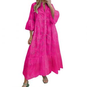 Oyuchga Robe longue d'été brodée pour femme - Grandes tailles - Manches 3/4 - Col en V - Creux - Brodée - Couleur unie - Longue robe chemisier - Crochet - Dentelle - Robe décontractée, A rose chaud (zhilirongxiang, neuf)