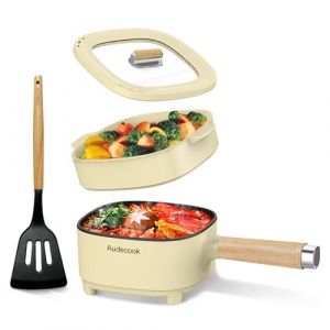 Audecook Po&ecirc;le &agrave; frire &eacute;lectrique avec cuiseur vapeur, po&ecirc;le antiadh&eacute;sive en c&eacute;ramique am&eacute;lior&eacute;e de, po&ecirc;le &agrave; ramen &eacute;lectrique pour steak, &oelig;ufs, riz frit (J (beige / 2l avec cage &agrave; vapeur)) (Aude EU, neuf)