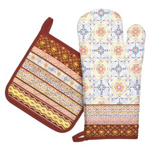 Arquiel Gants De Four & Maniques Lot De 2, 100% Coton Maniques Cuisine Gant Four Anti Chaleur Extra-Longue pour Barbecue, Cuisine, Griller,Micro-Ondes(géométrie rétro) (Red_Clouds, neuf)