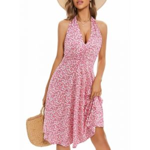 shownicer Robe Femme sans Manches Imprimée Floral Robe Courte Été Sexy Bretelle Dos Nu Mini Robe Casual Ample Robe de Plage A Rose XL (Bang Okay Design, neuf)