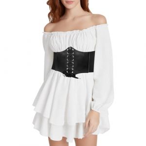 QIUhhpuy Robe Blanche Courte Robe Pirate Blanche pour Femmes avec Shorts Int&eacute;Gr&eacute;S en Dessous Manches Longues/Courtes &eacute;Paules D&eacute;Nud&eacute;Es &agrave; Volants Coupe Trap&egrave;Ze 2 en 1 Courte Style Boh&egrave;Me D&rsquo;&eacute;T&eacute; De Plage (QIUhhpuy, neuf)