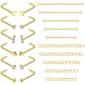 Adramata 12Pcs Nez Anneau 10Pcs Cha&icirc;ne de Nez Acier Chirurgical Piercing au Nez pour Double Piercing de Nez 20G Nez Stud Argent Anneau de Nez pour Femme Homme (jjccui, neuf)