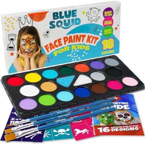 Blue Squid Palette Maquillage Enfants, 18 Couleurs Kit Maquillage Enfant, Lavable Peinture Visage Enfant, Avec 3 Pinceaux, 24 Pochoir, Maquillage Enfants Carnaval Halloween Cosplay Fête D'anniversaire (Blue Squid Ltd, neuf)