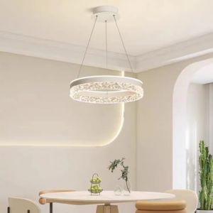 Aleaty LED lustre nouveau moderne haut de gamme Restaurant lustre cristal acrylique dimmable télécommande rond lustre anneau plafonnier (blanc) (YAOHUIUK, neuf)