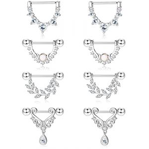 Kakonia 4 Paires 14G Anneaux de Mamelon pour Femme en Acier Inoxydable 316L Coeur Larme Lune Étoile Opale Feuille CZ Barbell Anneaux de Mamelon Ensemble Mignon Nipplerings perçage Bijoux, Argent (Kakonia, neuf)
