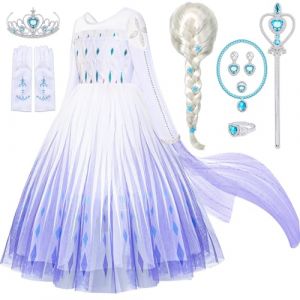 Tacobear Deguisement Robe Reine Des Neiges Fille avec Elsa Perruque Couronner Gants Baguette Magique Collier Bracelet Princesse Elsa Costume pour Fille Carnaval Halloween D&eacute;guisement (vamei, neuf)
