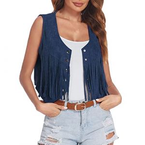 Gilet western pour femme - Faux cowboy &agrave; franges - Veste &agrave; franges - Doux - Cowgirl - Court r&eacute;tro - Costume hippie - Daim - Sans manches - Boho - Manteau ann&eacute;es 70 - Gilet &agrave; franges - Attrayant (⭐⭐⭐⭐⭐yoyo-eo, neuf)