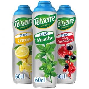 Lot de 3 sirops Teisseire Zéro Sucres (Menthe, Citron, Grenadine) pour Boisson Rafraîchissante, Cocktails, Bidon Recyclable 3x60cl (THE SIROP SHOP, neuf)