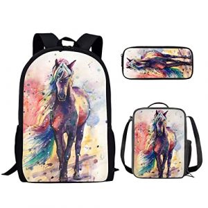 chaqlin Enfants Retour à l'école Pack Set Aquarelle Horse Print School Cartable Animaux Cheval Sac à Dos Set Sac à Déjeuner & Boîte à Crayon 3 pcs Sac pour Ordinateur Portable Scolaire (chaqlin, neuf)