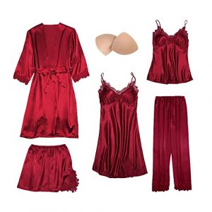 QraraZL Femme 5 Pièces Satin Pyjama Set, Dentelle Kimono Robe Pyjama Set, Sexy Négligé Short et Pantalon Long Chemise de Nuit 5-pièces, avec Coussinets de Sein Rouge XL (beauty us, neuf)