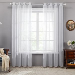 Deconovo Lot de 2 Rideaux Voilages, Décoration Rideau Cuisine Restaurant à Oeillets, Maison Chambre Enfant Fille Salon, 140×160 CM, Blanc, Argenté Motif Point (Deconovo-Home, neuf)