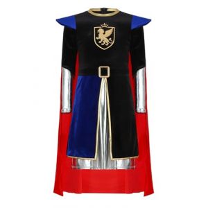 Rswnyirn Costume de Chevalier Gar&ccedil;on M&eacute;tallis&eacute; Brillant Veste Chevalier avec Cape D&eacute;guisement M&eacute;di&eacute;val Noble Cosplay Carnaval Bleu royal 7-8 ans (Rswnyirn, neuf)