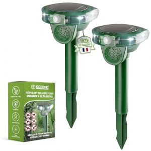 ISOTRONIC Lot de 2 r&eacute;pulsifs solaires &agrave; ultrasons pour animaux, chats, chiens, animaux sauvages | Port&eacute;e 5 m par appareil | Fr&eacute;quence r&eacute;glable | Lot de 2 (Internetz24, neuf)