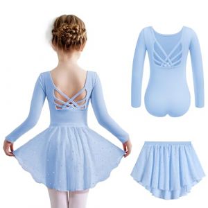 Arshiner Robes de Ballet Filles Manches Longues V&ecirc;tements de Danse en Coton Costume Uni Justaucorps pour Enfants avec Jupe en Tulle Bleu 9-10 Ans (Arshiner Store, neuf)