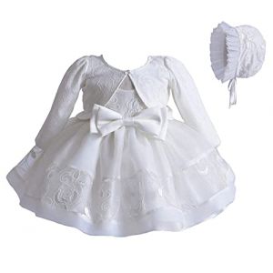 Carolilly Robe Baptême Bébé Fille en Dentelle Costume Cérémonie de 3 Pièces Boléro à Manches Longues + Robe Blanche Princesse + Bonnet, Blanche, 3-6 Mois (La Vie Brillante, neuf)