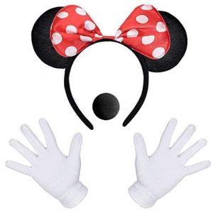 iZoeL Minnie Oreilles 1 X Souris Oreille Bandeau 2 X Gants Blancs 1 X Nez Noir Carnaval Accessoire Personnage de Dessin Animé Cosplay Party Déco Adulte Enfant (CrushOnu, neuf)