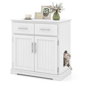COSTWAY Meuble Litiere Chat en Bois, Maison pour Chat 3 en 1, 2 Portes et 2 Tiroirs, Kits Anti-basculement, Base Épaissie 7,5 cm, Maison de Toilette Chat, Entrée Latérale, 80 × 45 × 80 cm, Blanc (FDS GmbH, neuf)