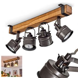 hofstein Plafonnier Pehefito, lampe en bois, métal marron, noir et gris, les têtes sont pivotables et réglables, idéal dans un séjour vintage, 4xGU10, ampoule(s) non incluse(s) (hofstein, neuf)