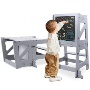 YOLEO Tour d'apprentissage Transformable, Pliable, Tour d'observation pour Enfants Montessori Learning Bois Naturel Kitchen Helper avec Tableau Noir et Blanc,Table et Chaise pour Enfant (Gris) (Marstek Supplies EU, neuf)