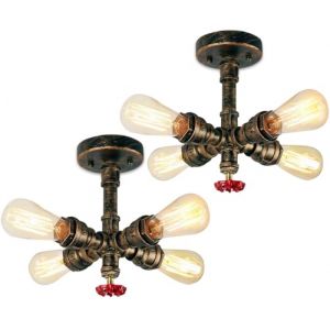 Vintage Plafonnier Tube d'eau Industriel Lustre Luminaire en Métal Rétro Suspension 4 Tête lampe Design E27 pour Salon Cuisine Couloir Loft Chambre (Rouillé-2Packs) (DOO2U, neuf)