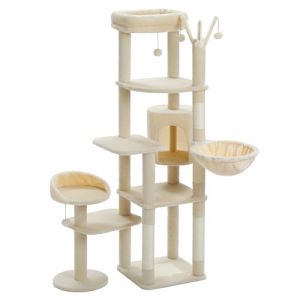 PETEPELA Arbre à chat haut de 150 cm pour grand chat, tour de chat à plusieurs étages pour chats d'appartement, appartement avec grand hamac, colonne à chat et 2 perchoirs, beige (PETEPELA, neuf)