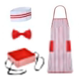 Funhoo 4pcs 1950s Kit Costume Cosplay Serveur Adulte Plateau à Grignoter Chapeau de Chef Nœud Papillon Tablier Rayé Rouge et Blanc avec 2 Poches Carnavals Cirque Party (FunHoo, neuf)
