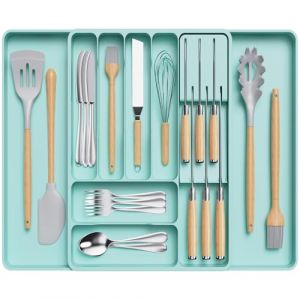 Lifewit Range-Couverts pour Tiroirs, Plateau à Couverts Extensible avec Bloc à Couteaux Amovible, Rangement Couverts Ajustable, Couverts en Plastique, Cuillères, Fourchettes, Grand, Turquoise (Lifewit Home FR, neuf)