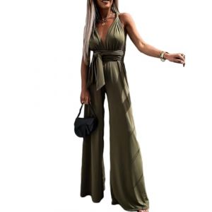 Oanviso Combinaison Pantalon Long Ete Femme sans Manches Col V Sexy Jumpsuit Taille Haute Chic Pantalon &Eacute;l&eacute;gant Slim Playsuit Rompers Dos Nu Loose Casual C-Arm&eacute;e Verte M (Shopping tide, neuf)