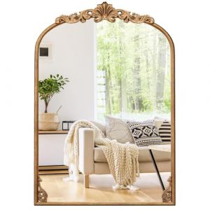 GOPLUS Miroir Mural Dor&eacute;, Miroir Entr&eacute;e Vintage Baroque avec Cadre M&eacute;tallique, Crochets Soud&eacute;s, Vis d'Expansion, D&eacute;coration D&eacute;coratif Arqu&eacute; pour Salon, Couloir (95 x 66 cm) (Augenstern24, neuf)