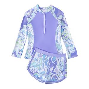 JiAmy Maillot de bain deux pi&egrave;ces pour fille avec short, maillot de bain 2 pi&egrave;ces, maillot de bain &agrave; manches longues avec fermeture &eacute;clair, maillot de bain rashguard 8-12 ans, violet, 9-10 ans (JiAmy-EU, neuf)