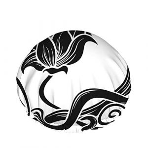 Bonnet de douche fleur, pochoir fleur noire abstraite dans le style Art Nouveau Bonnets de bain double couche imperméables parfaits pour toutes les longueurs et épaisseurs de cheveux (FireBoomBoom, neuf)