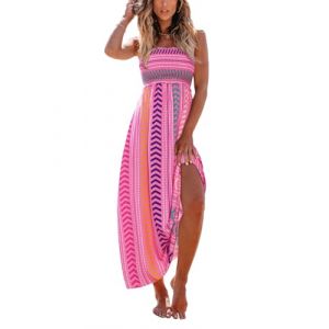 CUPSHE Robe longue d'&eacute;t&eacute; &agrave; smocks pour femme - Sans manches, avec bretelles spaghetti et volants - Longue robe de plage formelle, rose vif, Taille S (CUPSHE FR, neuf)