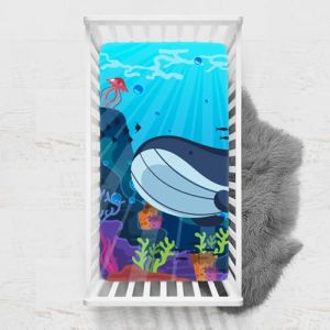 Odot Drap Housse pour Lit de Bébé, Impression de Océane Draps Housses Enfants Respirant Douce Extensible Protège Matelas pour Lit Bébé, Berceau, Lit Parapluie (Baleine,65x95 cm) (Odot, neuf)